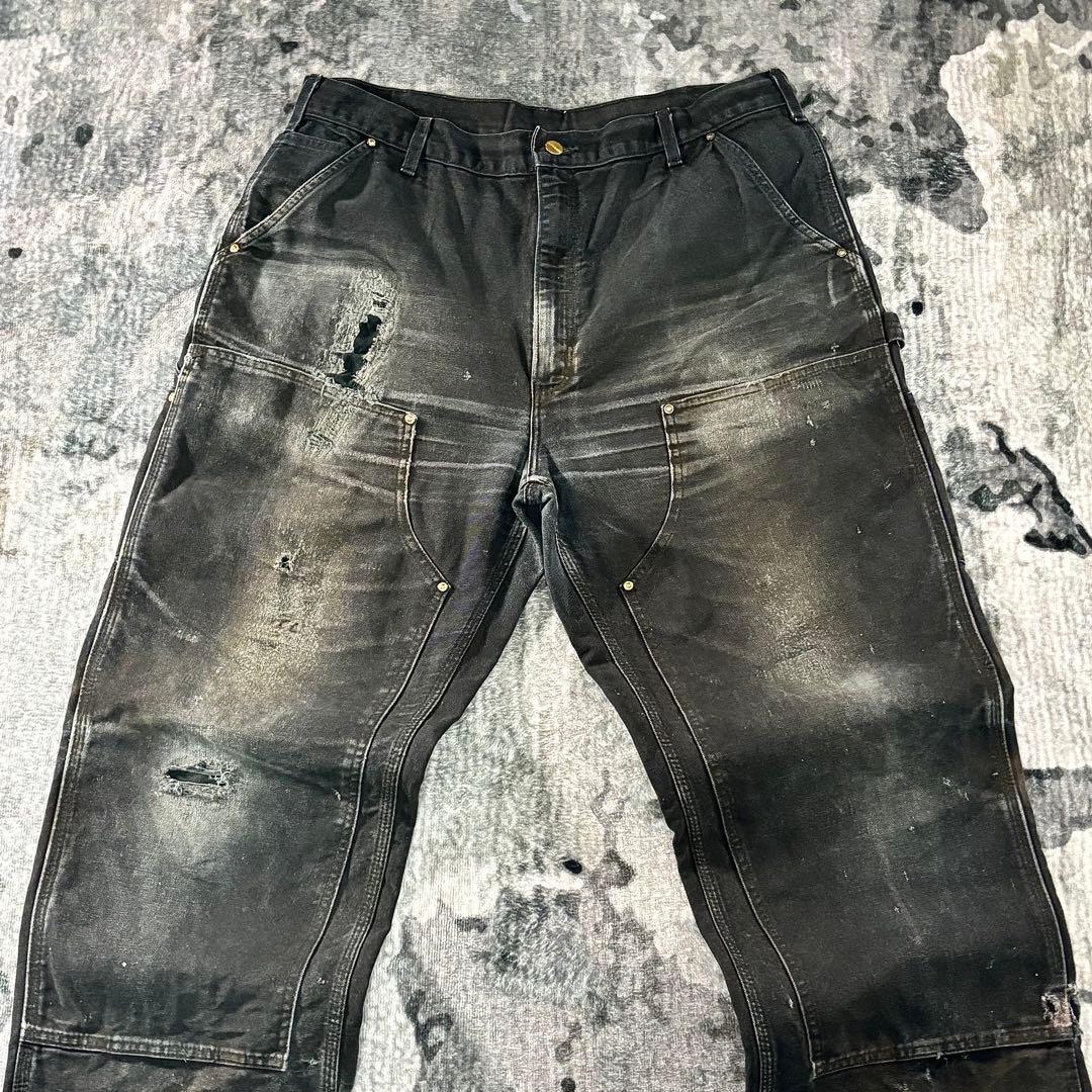 38×34 USA製 カーハート ダブルニー ボロ 墨黒 リペア 雰囲気