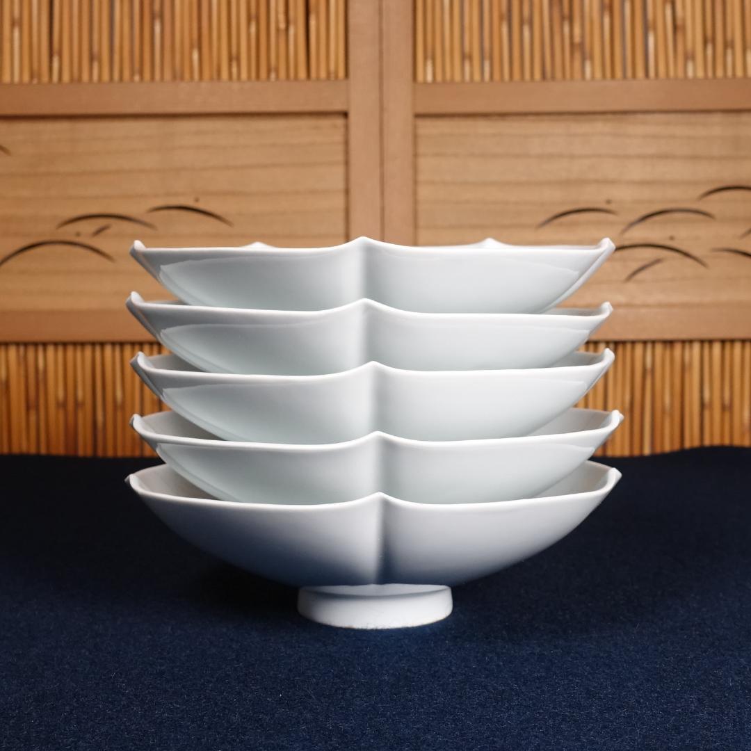 人間国宝 井上萬二 本人作 白磁花形銘々皿 5客 共箱