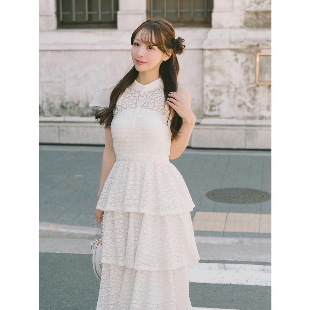 新品タグ付き ダーリッチ バックリボンフラワーレースティアードロングドレス 白