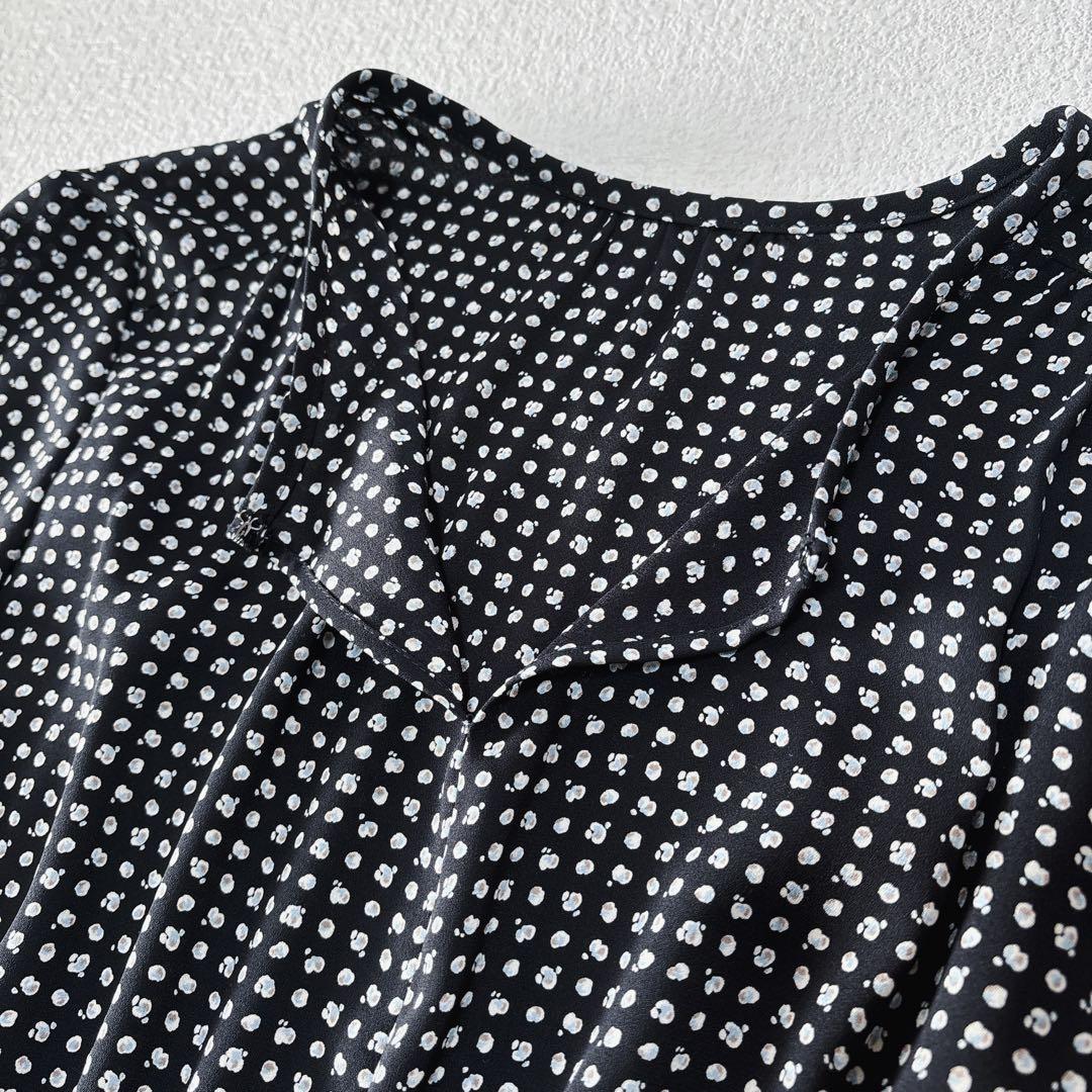 アナイ ANAYI モノトーンプリントフレアワンピース ボウタイ付き 長袖