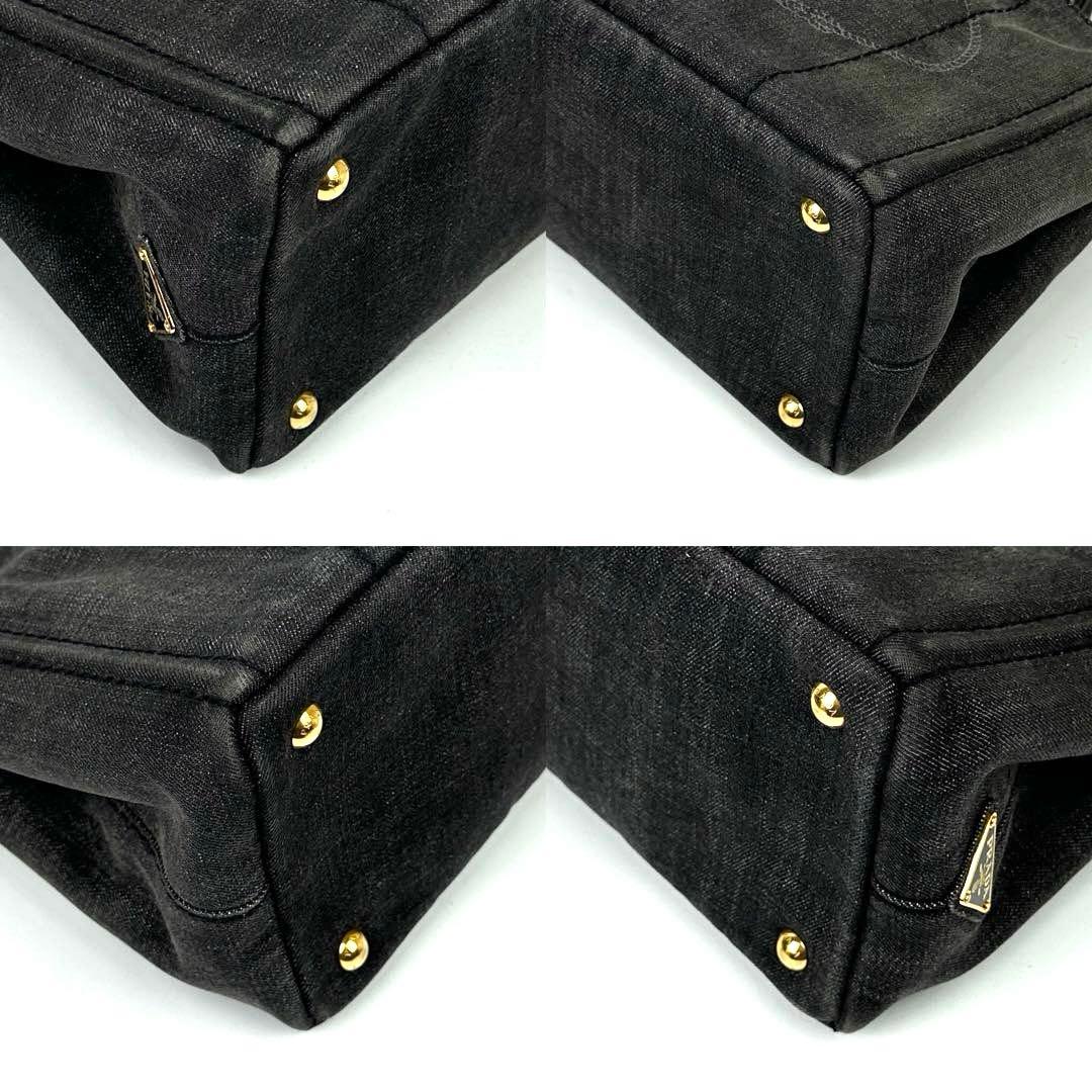 【美品】プラダ　カナパ　ハンドバッグ　三角ロゴ　ゴールド金具　デニム　グレー