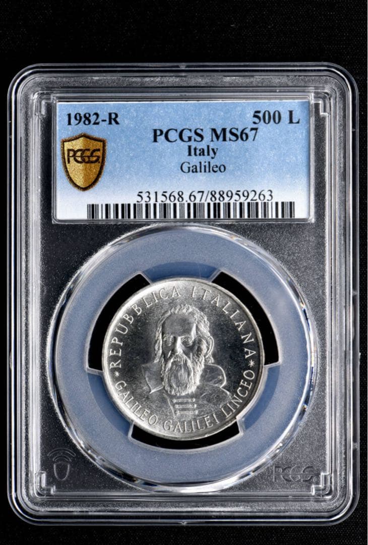 PCGS MS67 イタリア 1982-R 500L銀貨 ガリレオ 高鑑定