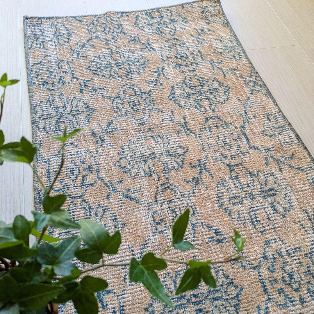 45×77 ベージュ地グリーン紋章柄　トルコヴィンテージラグ（ミニサイズ）