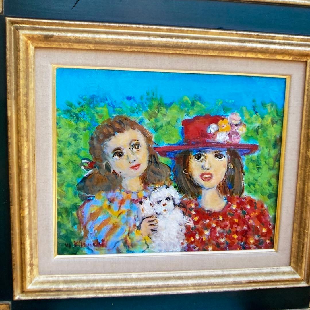 絵画　油絵　油彩画　菊地正則　F3号　「仲良し二人」美品　額付き　サイン　アート