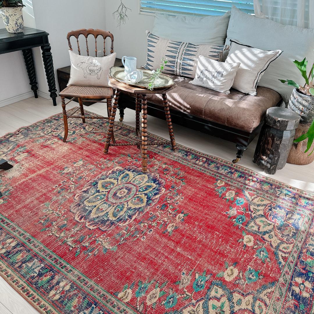 トルコ ヴィンテージラグ A89 超大判 レア レッド ターコイズ ネイビー