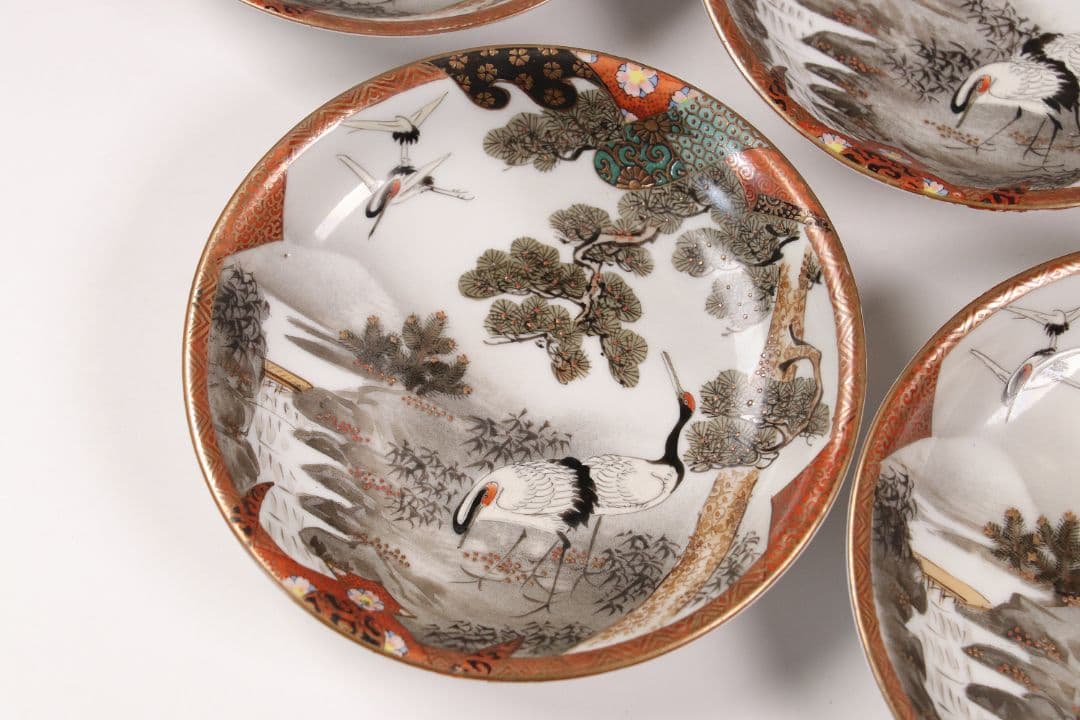 CH85 時代 九谷焼 福栄 金彩色絵 小皿 六客 12.2cm 山水 鶴松