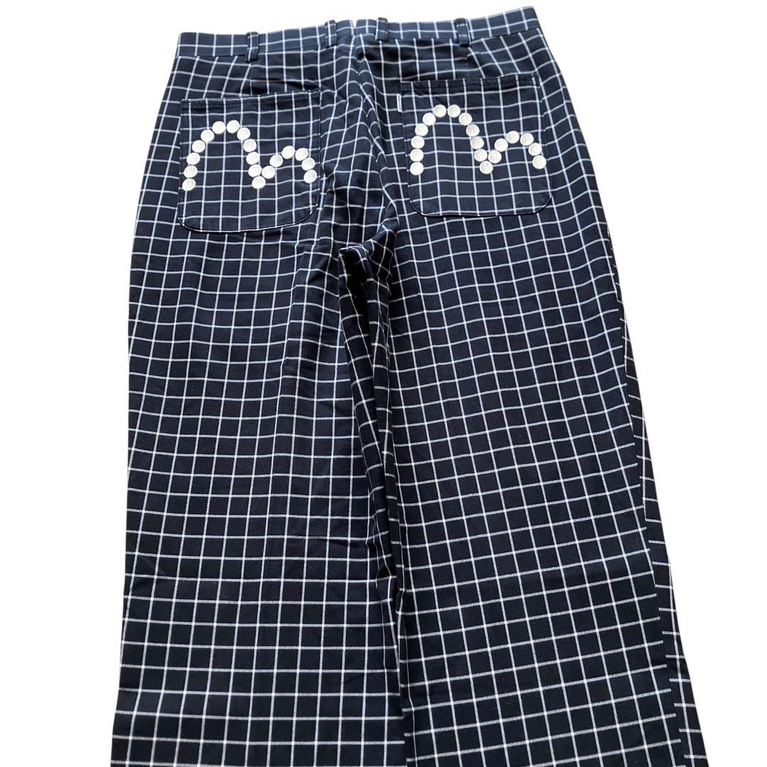 美品00s極太 EVISU 刺繍カモメ ワイドチェックパンツ Y2K ブラック