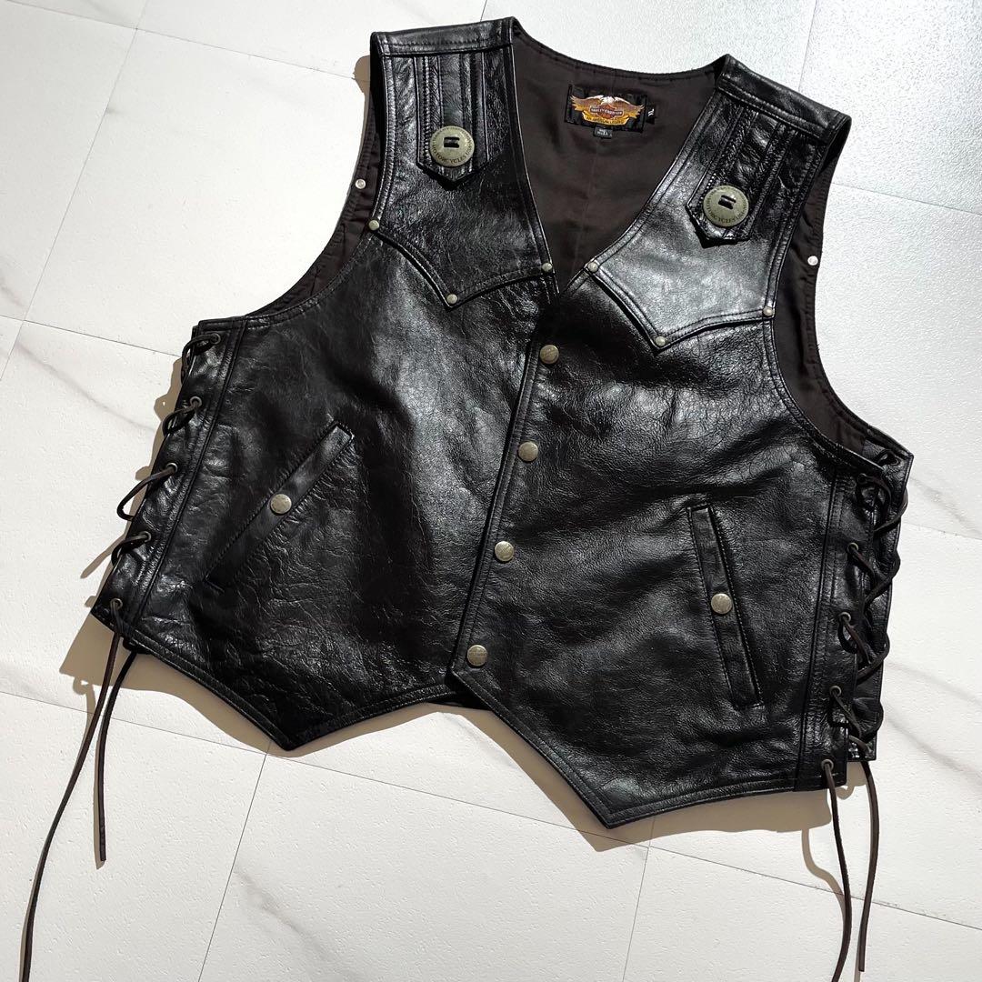 【希少】ハーレーダビットソン レザーベスト XLサイズ 牛革 レースアップ 黒