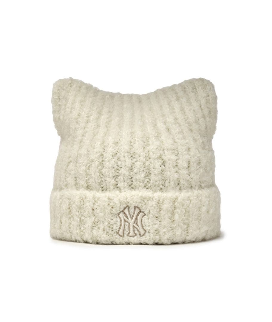 【新品未使用】アイボリー ニット帽 猫耳デザイン ヤンキース