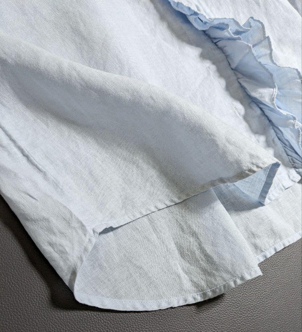 ツムグ／立体フリル リネンブラウス ライトブルー サックス 長袖 フリルシャツ