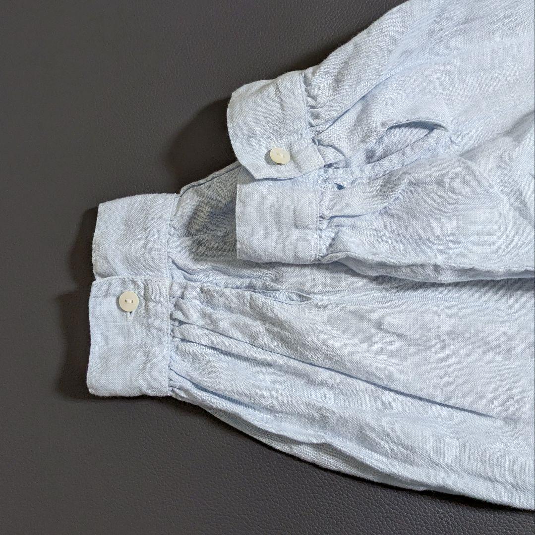 ツムグ／立体フリル リネンブラウス ライトブルー サックス 長袖 フリルシャツ