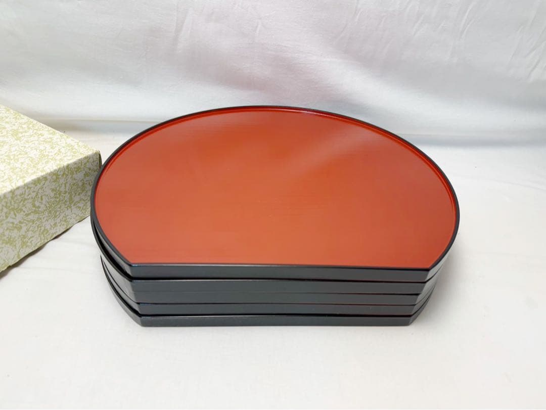 未使用 懐石道具 木製 尺3 半月両面膳 線筋 5客揃 会席膳 煎茶道具 紙箱