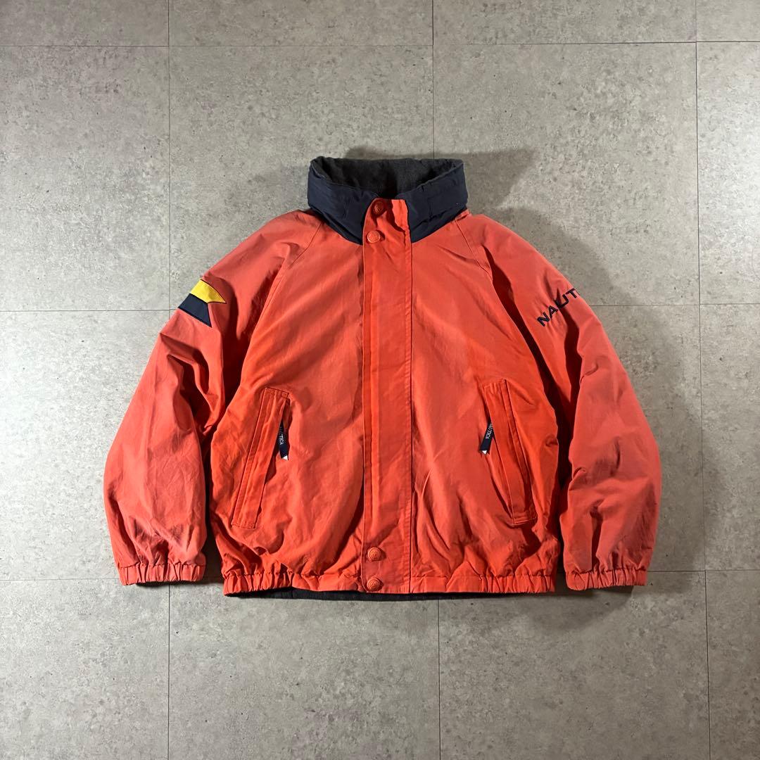 90s nauticaリバーシブルフリースジャケット刺繍ロゴフェードオレンジ短丈