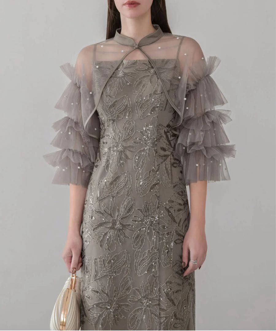 【完売品】 LejaパールフリルチュールボレロレイヤードIラインワンピースドレス