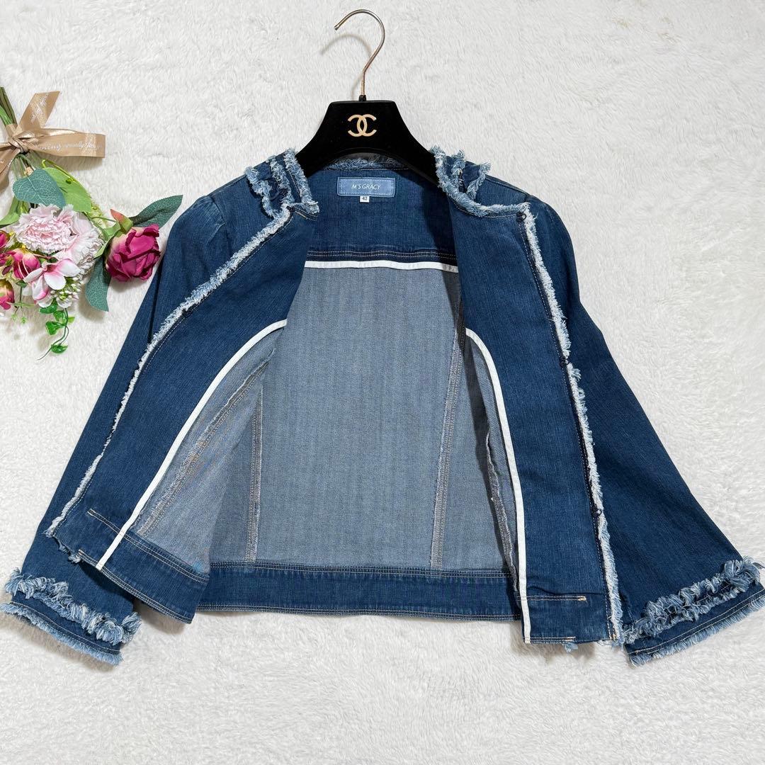 エムズグレイシー ノーカラー デニム ジャケット フリンジ 2024年