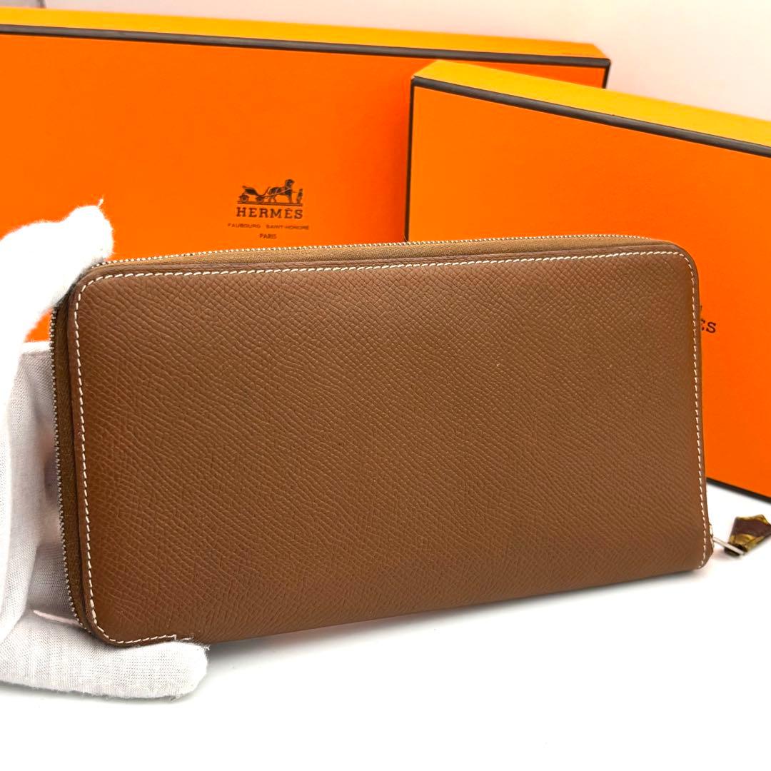 ☆美品☆箱付☆エルメス 長財布 アザップロングシルクイン ライトブラウン 茶