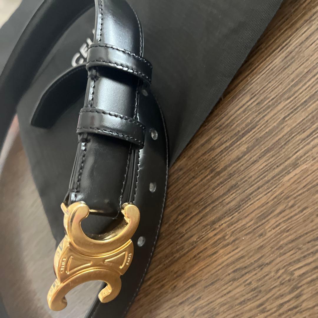 CELINE ブラックレザーベルト ゴールドバックル90cm