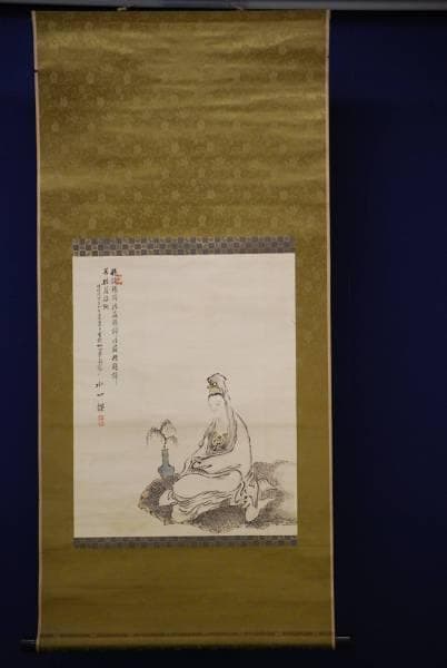 真作/水石/観音画賛/絹表装/布袋屋掛軸HC-815