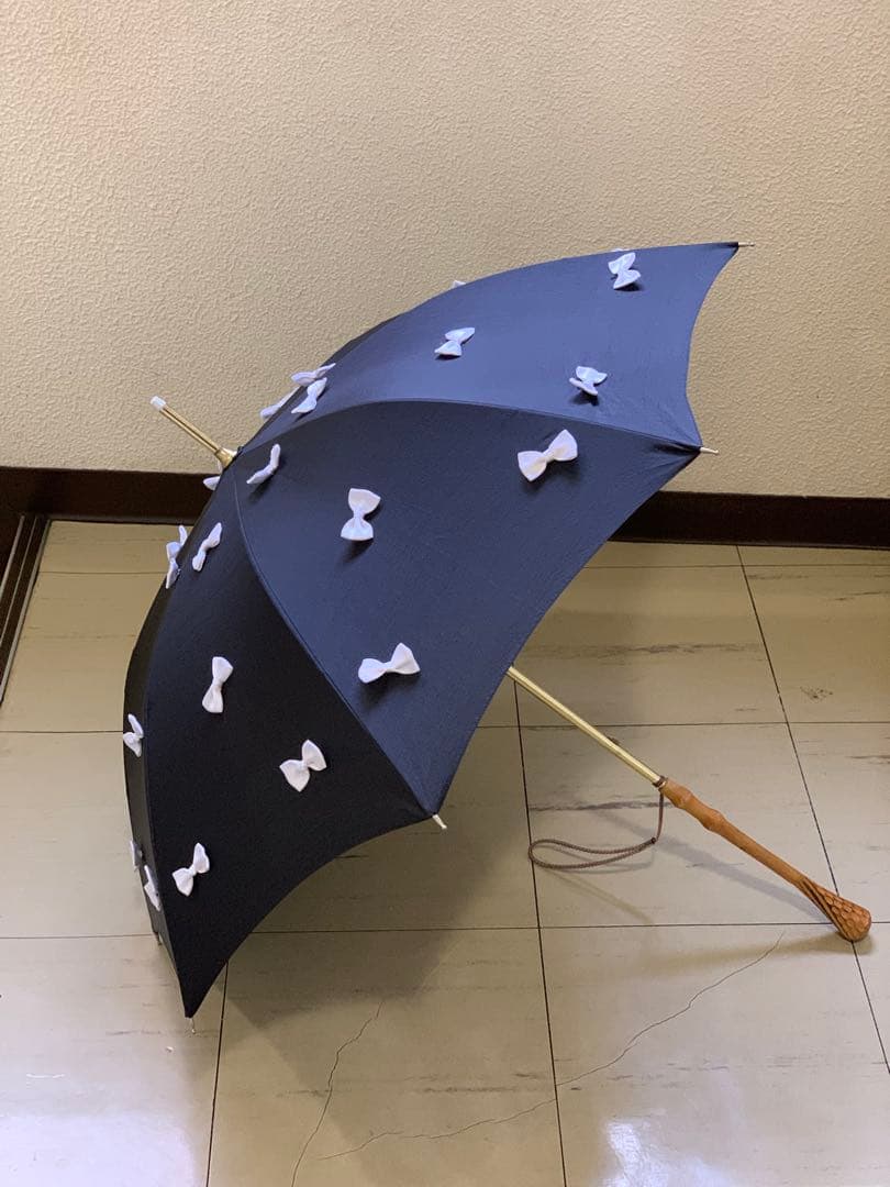 ギィドゥジャン雨晴日傘フランス製黒×白リボン付き晴雨兼用長傘生地張り替え済み