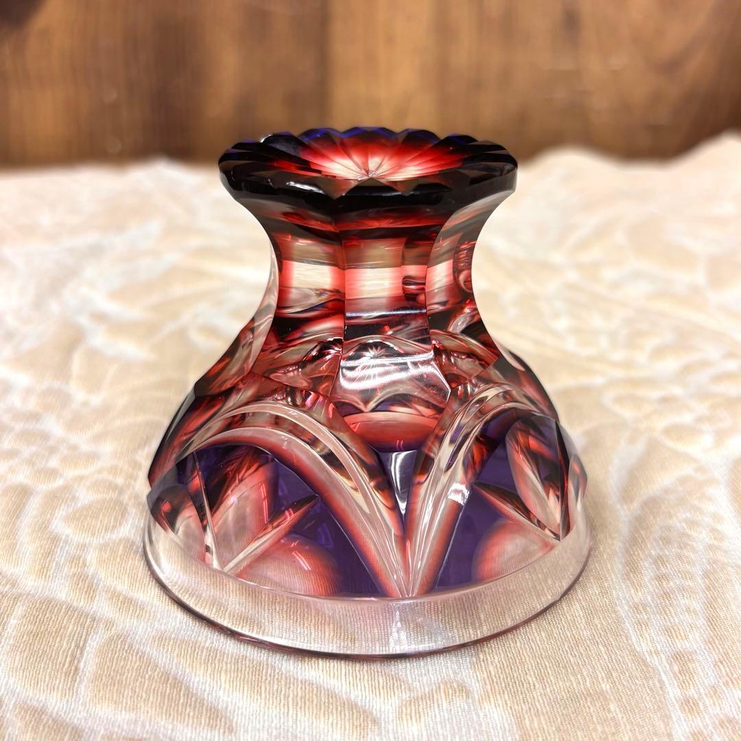 薩摩切子 二色衣 島津薩摩切子 二色被せガラス 切子 猪口脚付盃 瑠璃金赤