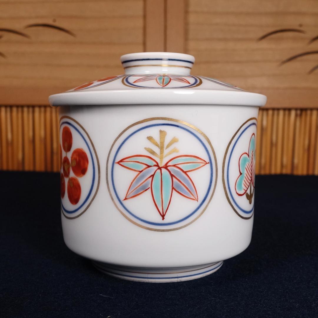 京焼 名工 宮永東山 赤絵松竹梅文 蓋茶碗 5客 共箱