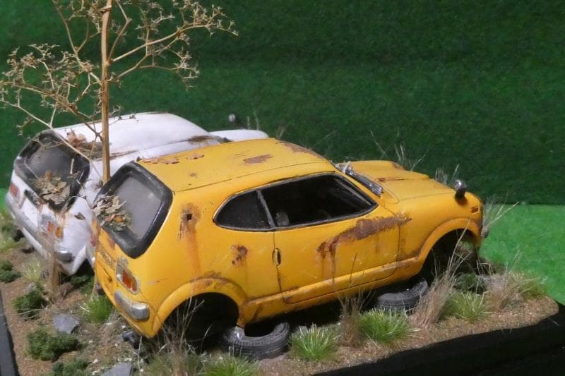 1/32 ホンダ Z GT・GSS 昭和レトロ風景 ジオラマ完成品 錆汚し加工