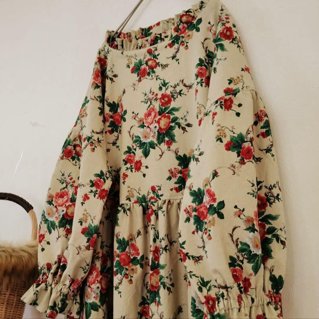 handmade綿麻ワンピースfreeYUWA花柄 長袖