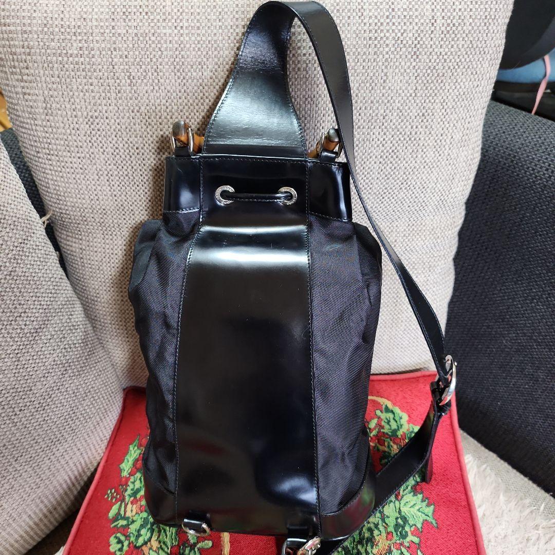 【美品】グッチ バンブー ショルダーバッグ ボンサック ナイロン×レザー 黒