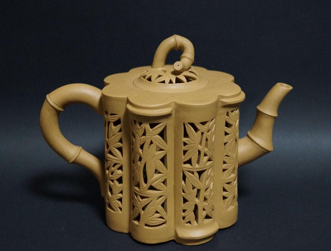 茶道具  名工範澤春 製 『竹彫鏤空』 朱泥急須 透かし彫り 紫砂壺 煎茶道具