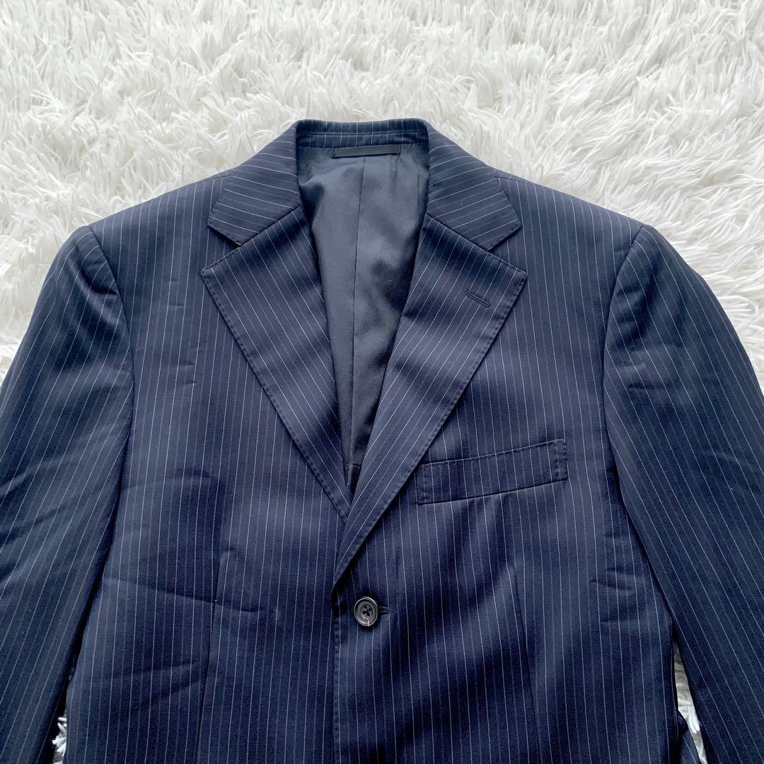 【極美品】バーバリーロンドン 高級 シルク混 ストライプ スーツ L ネイビー