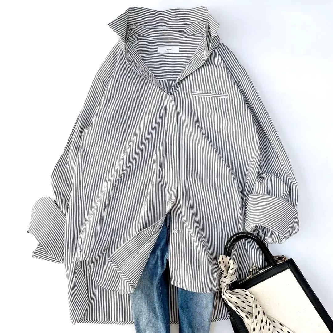 美品⁑エブール　2way ローガンコットンストライプシャツブラウス　グレー　38