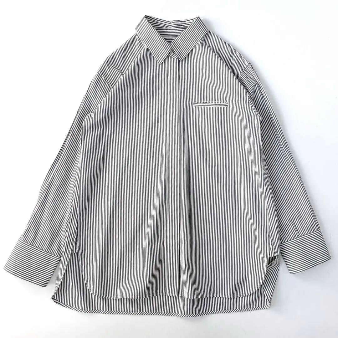 美品⁑エブール　2way ローガンコットンストライプシャツブラウス　グレー　38