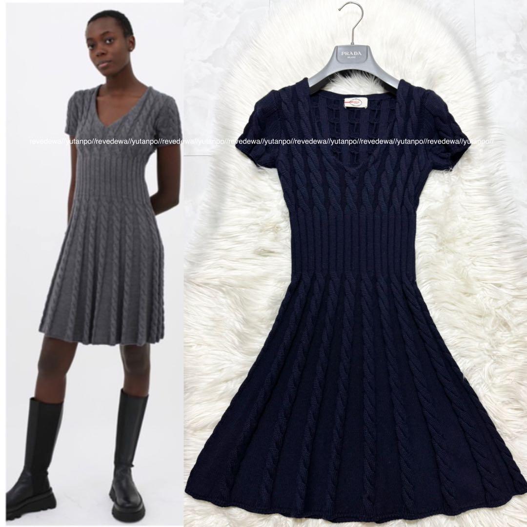 美品 プラダ ケーブルニット ワンピース ドレス 36 PRADA ネイビー
