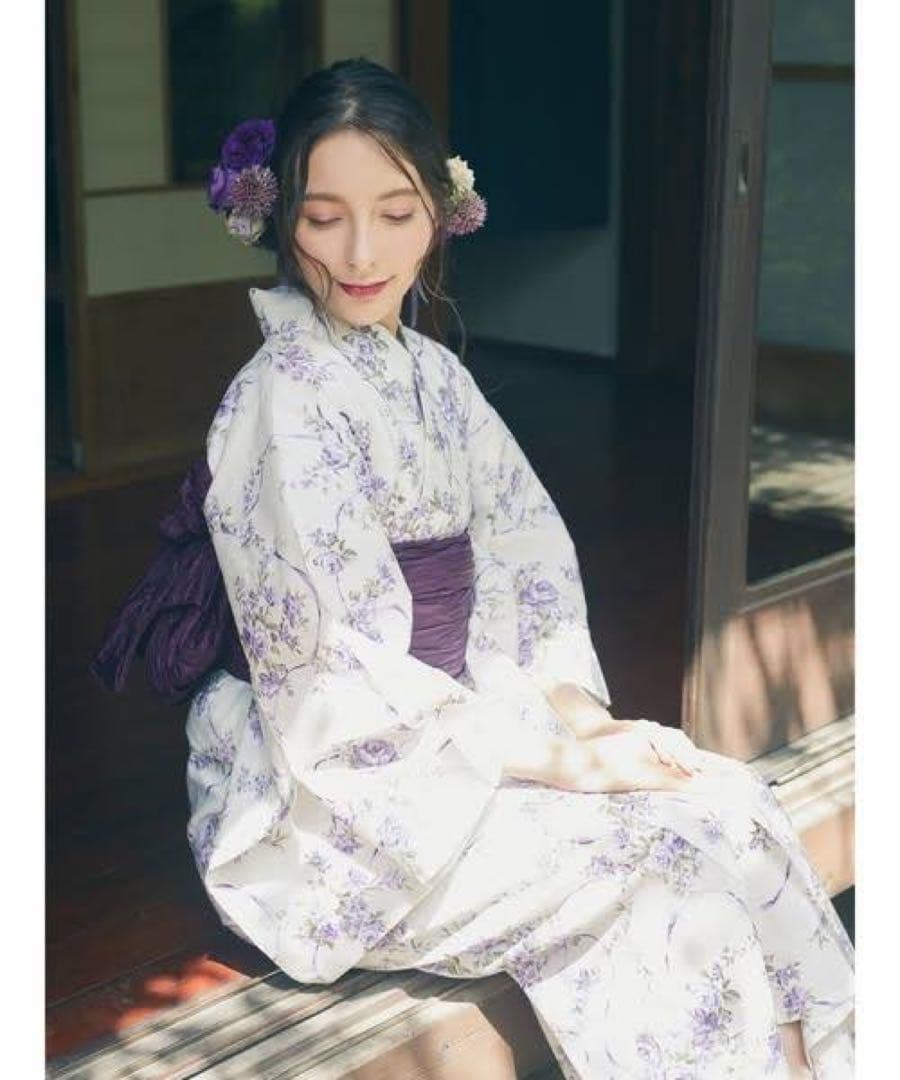 美品 Maisonde FLEURフレンチローズ浴衣 パープル 紫