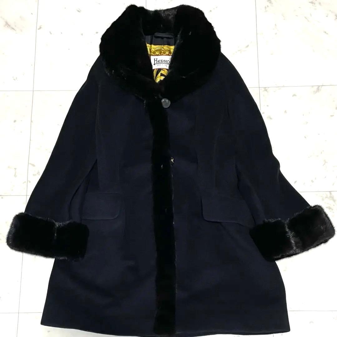 【上質】 ✨ヘルノ xロロピアーナ カシミヤxシルク ミンクファー付コート 42