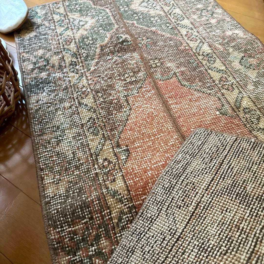 50×119パッチワーク　淡いサーモン×グレージュ　トルコヴィンテージラグ