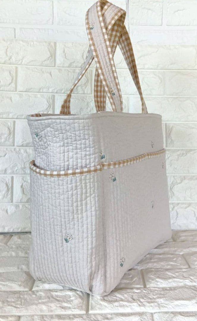 ヌビバッグ ポケットいっぱい ベージュ×リトルフラワー ハンドメイド