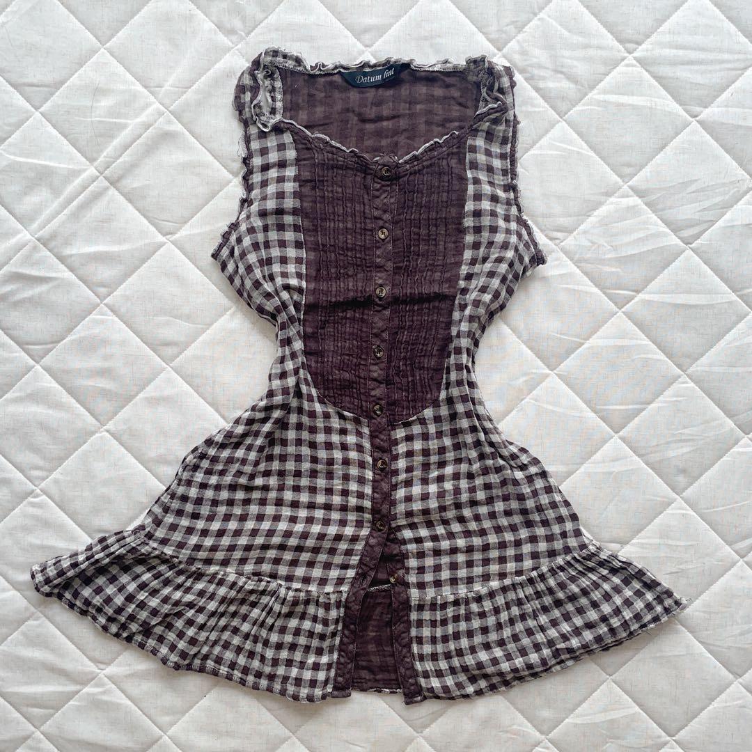 きょ シワ加工 ブロックチェック柄 ブラウンチュニックcoquette