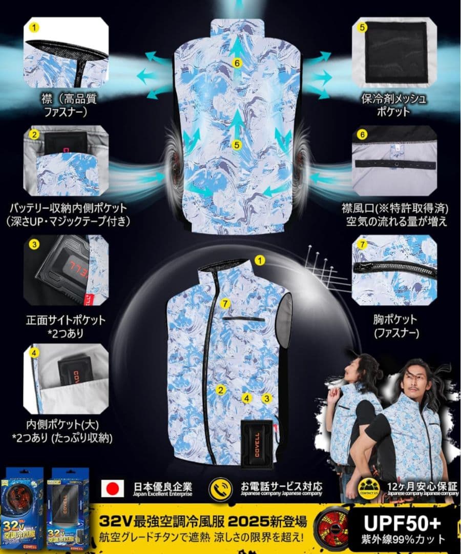 【最終SALE】空調服 青と白のデザイン 32Vバッテリーとファン付きフルセット