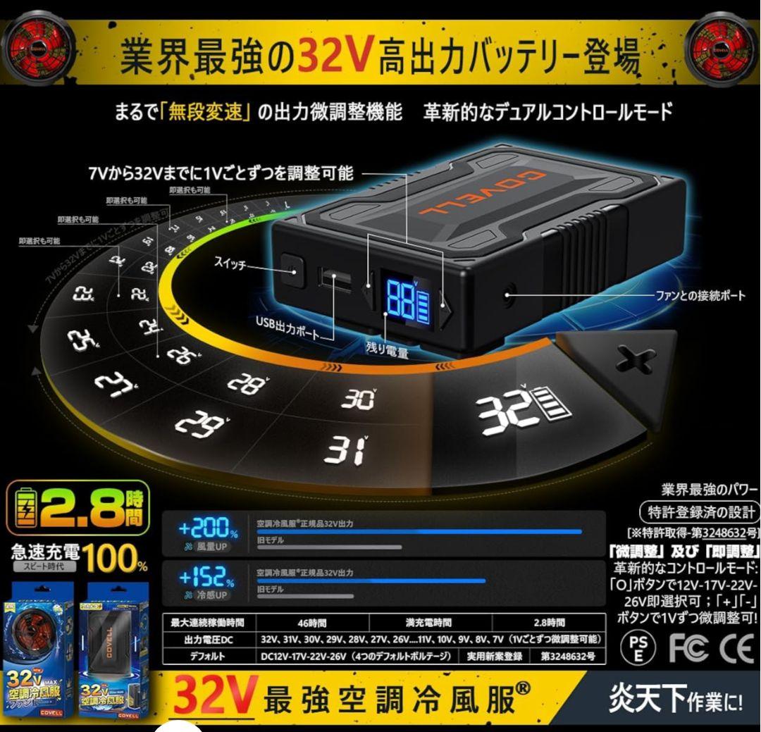 【最終SALE】空調服 青と白のデザイン 32Vバッテリーとファン付きフルセット