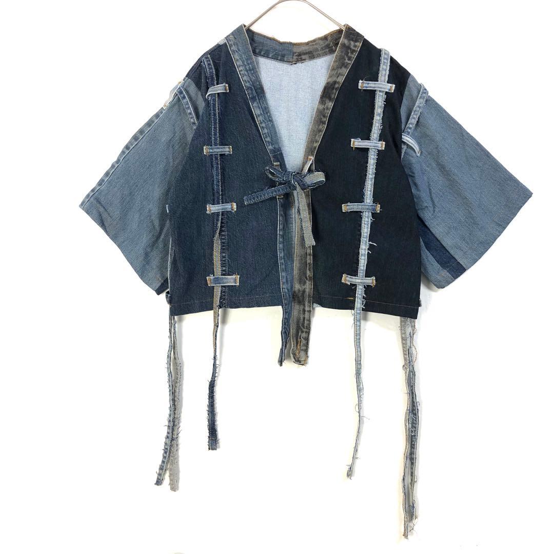 2868 デニム　リメイク　再構築　ジャケット　ロゴ　切替　パッチワーク L