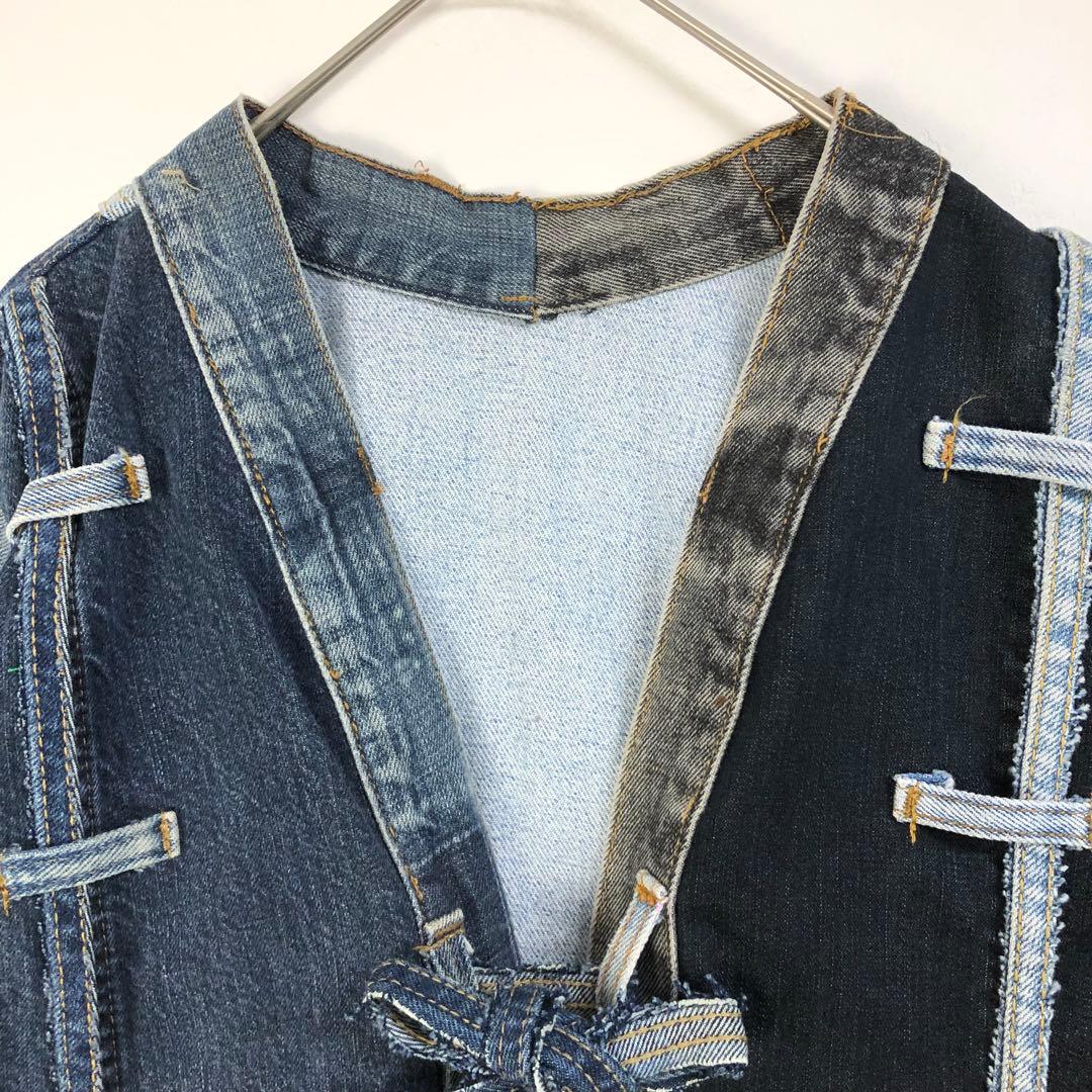 2868 デニム　リメイク　再構築　ジャケット　ロゴ　切替　パッチワーク L