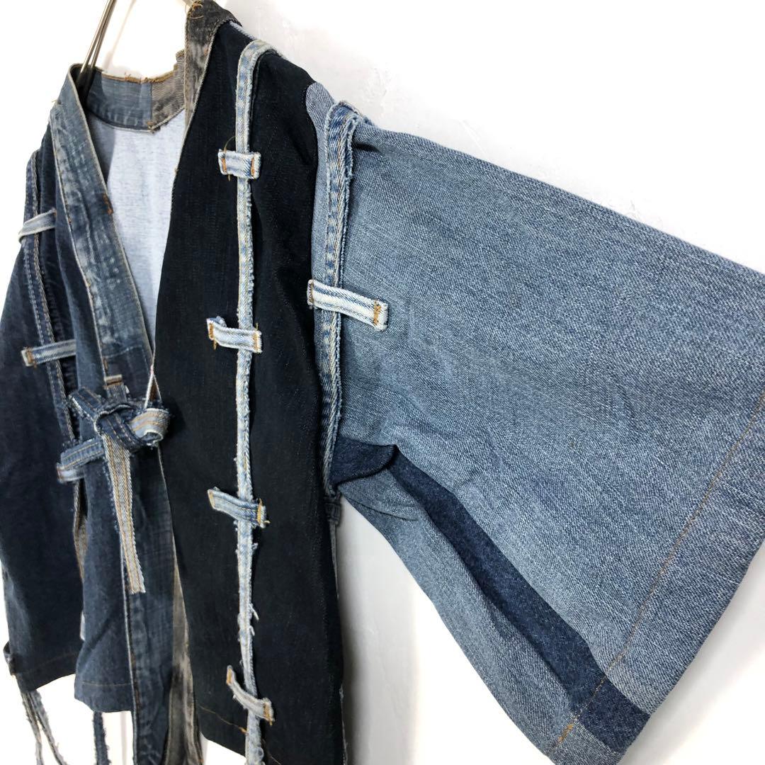 2868 デニム　リメイク　再構築　ジャケット　ロゴ　切替　パッチワーク L