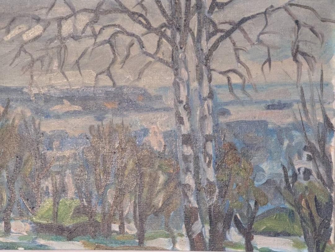 【真作】絵画　油彩4号　初冬の公園から　静けさの中に奥行きを感じる冬景色　Z95