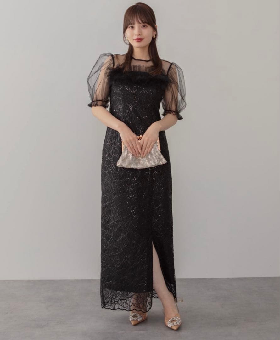 チュールフラワースパンコールIラインワンピースドレス結婚式二次会パーティー成人式