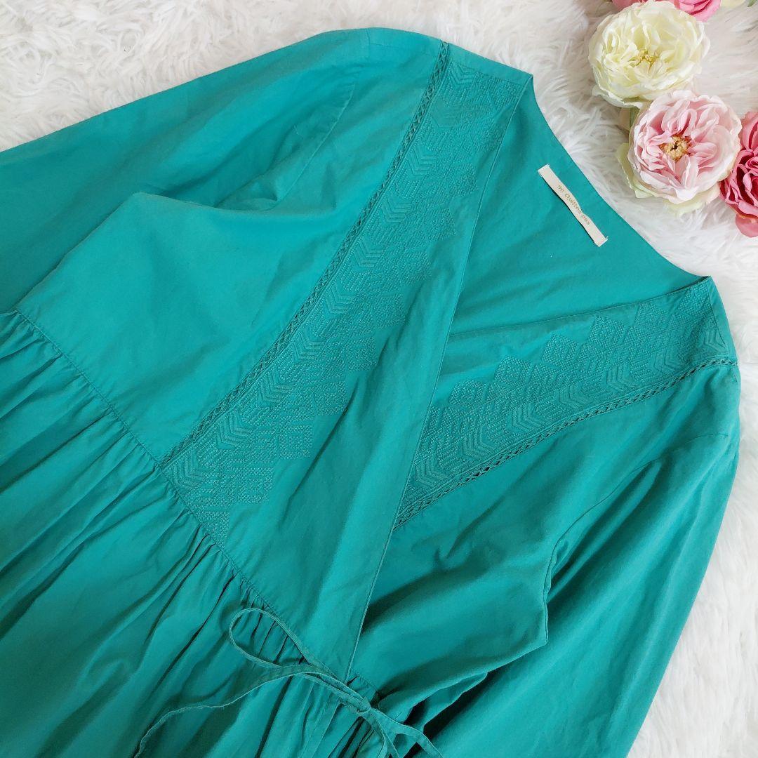 美品✨ヌキテパ　ワンピース　カシュクール 刺繍　ロング丈　ターコイズ