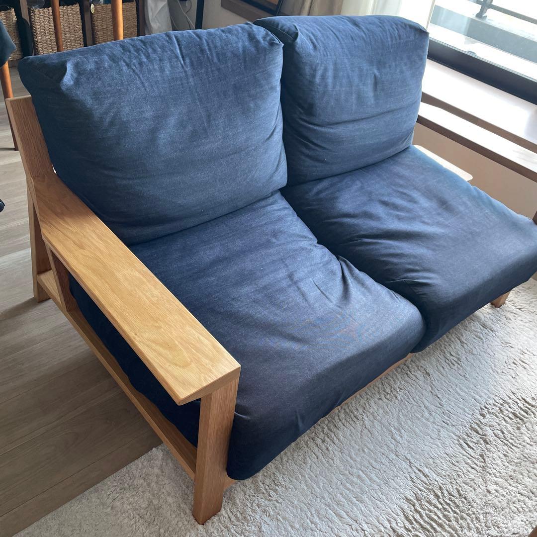 【最終値下げ】ネイビー 布クッション 木製フレーム ソファ