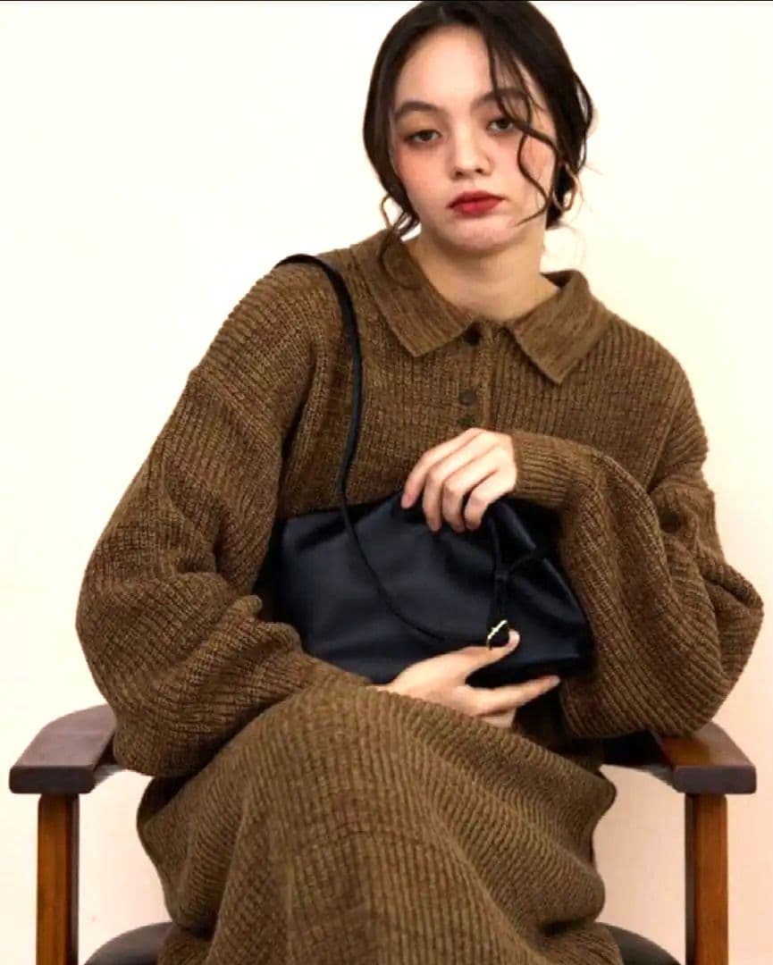 新品☆OLUN ニットポロワンピース ブラウン S オルン きりまる