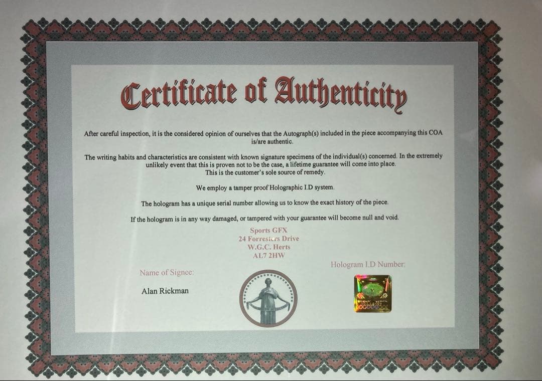 ハリー・ポッター　アラン・リックマン 直筆サイン入り写真 保証書付　スネイプ　z