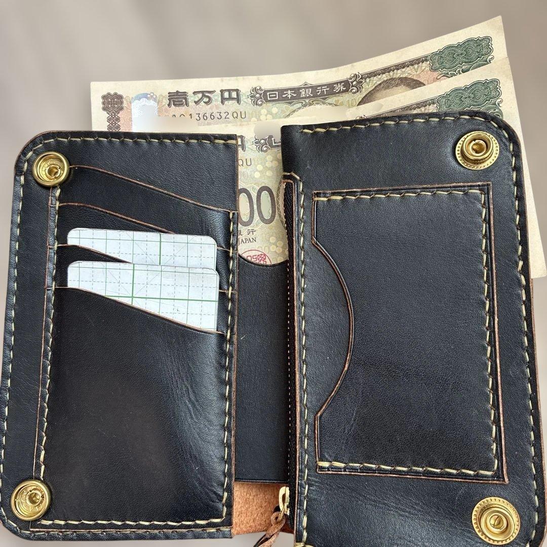 【茶芯ブラック】ミドルトラッカーウォレット　真鍮　お札を折らずに収納　タイプB